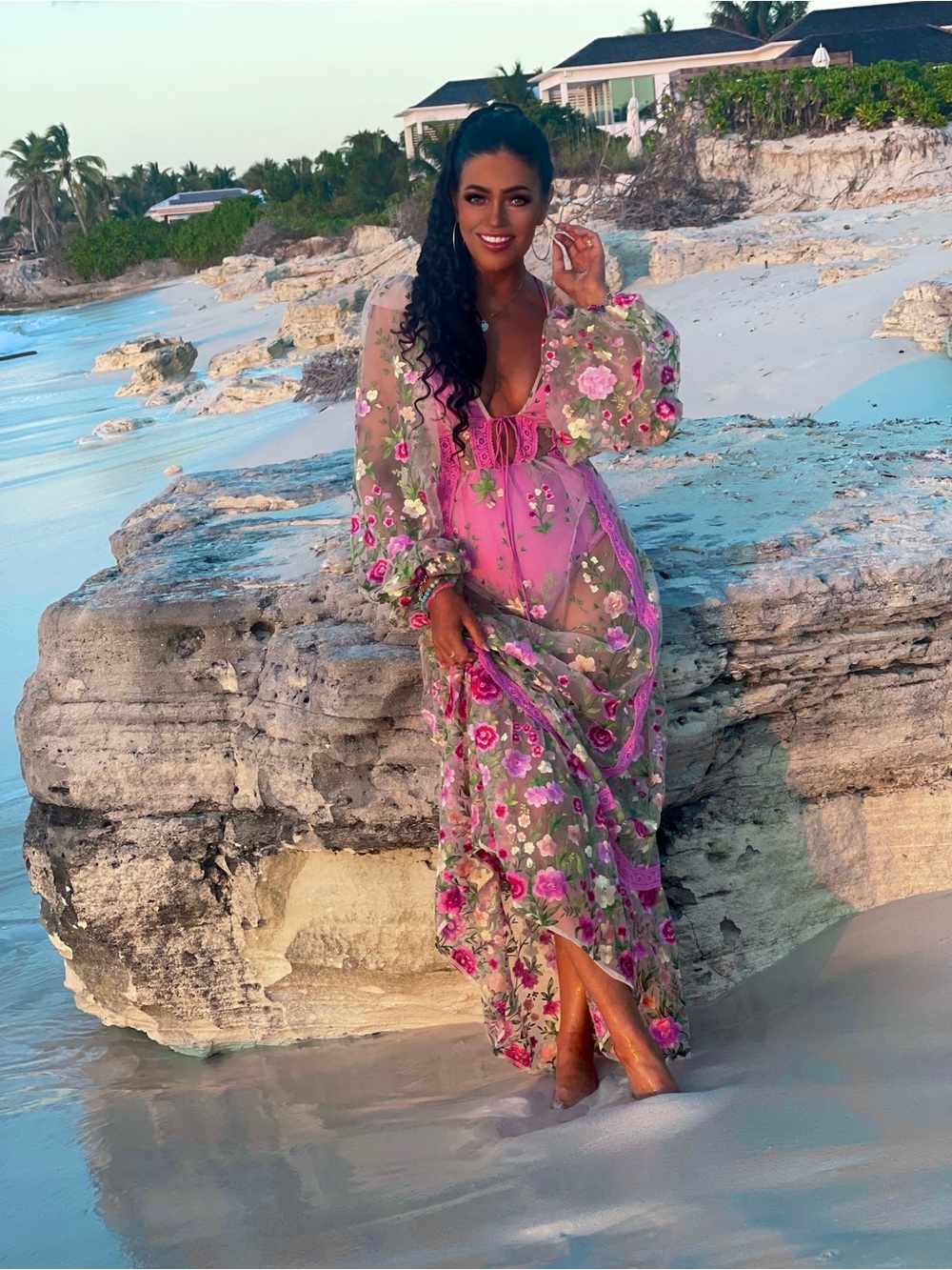 For Love And Lemons Pink & Green Floral Embroidered Sheer Maxi Dress - Picture 2 of 2